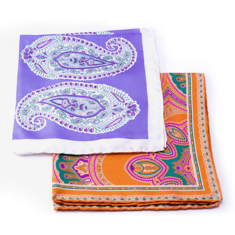 Silk Pocket Squares with Paisley Pattern handrolled and hand screen printed in England by Fort Belvedere
