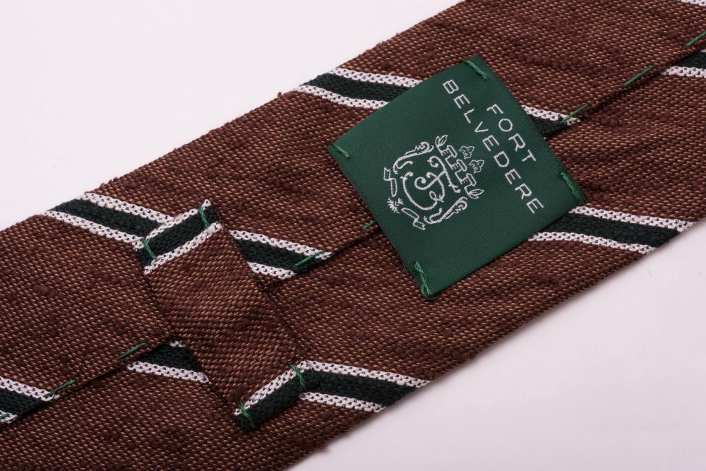 Shantung Striped Brown, Bottle Green and White Silk Tie - Fort Belvedere