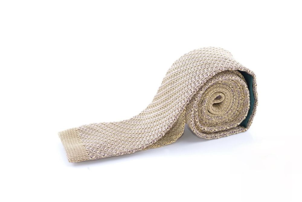 Knit Tie - Skinny Brown Silk and Beige Mottled Stripes - Fort Belvedere