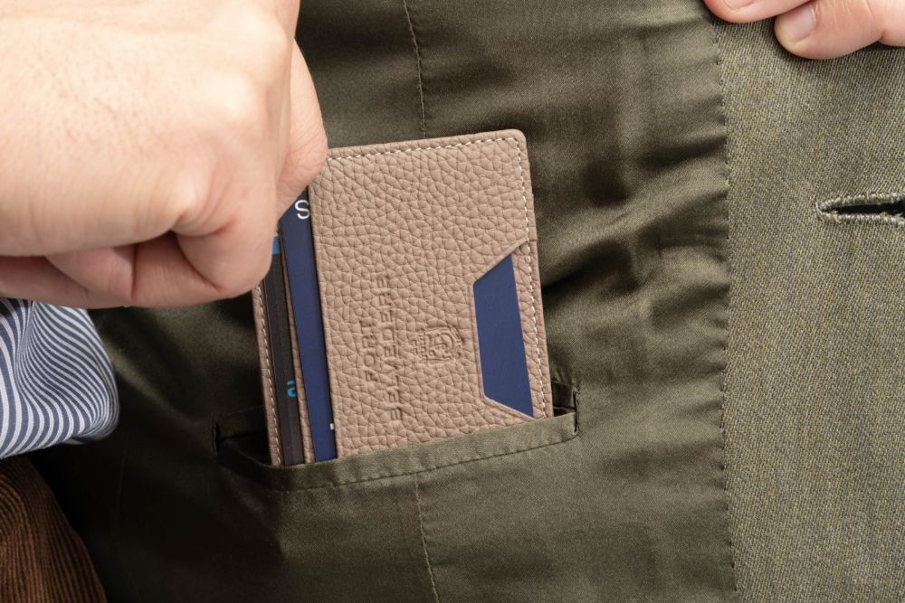 Fort Belvedere Wallet fits easily in jacket card pocket
