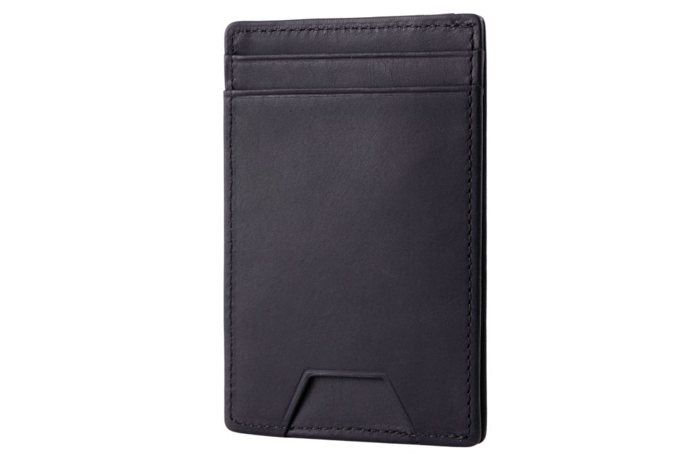 Vertical angled view of black slim wallet by Fort Belvedere