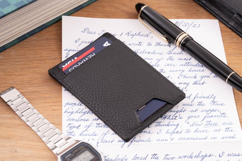 Slim Wallet - 4CC - Black Togo Shrunken Calf Leather with watch, pen and letter
