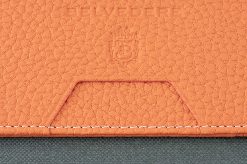 Folden edges and thumb cut out of Slim Wallet by Fort Belvedere in Orange Togo leather