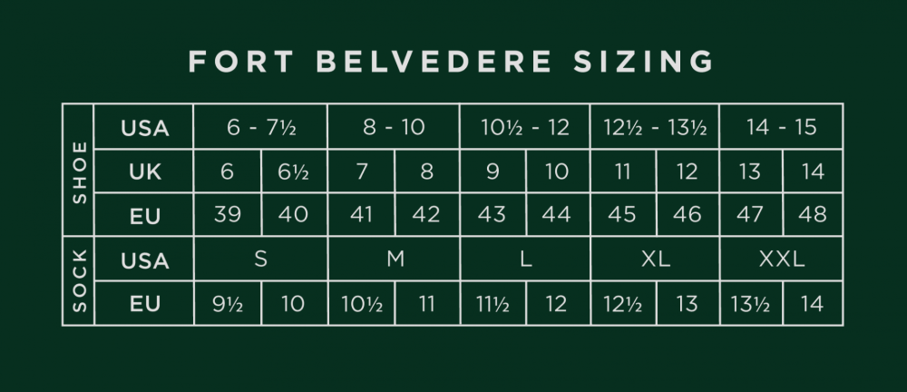 Fort Belvedere Sock Sizing Chart