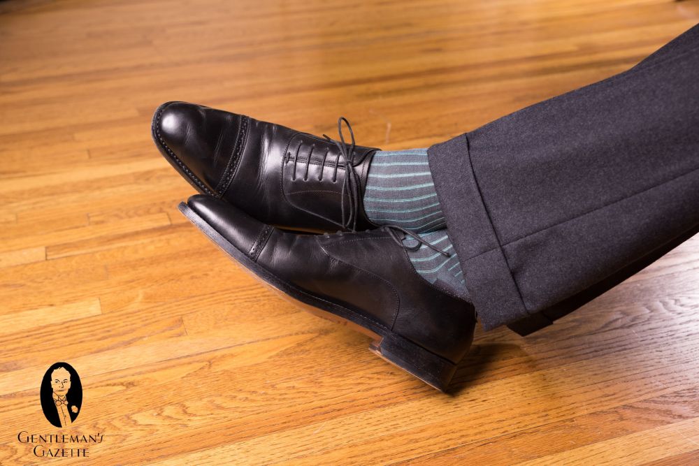 In action Turquoise and Grey Ribbed Over the Calf Socks with Shadow Stripes Cotton Fil d Ecosse - Made in Italy by Fort Belvedere