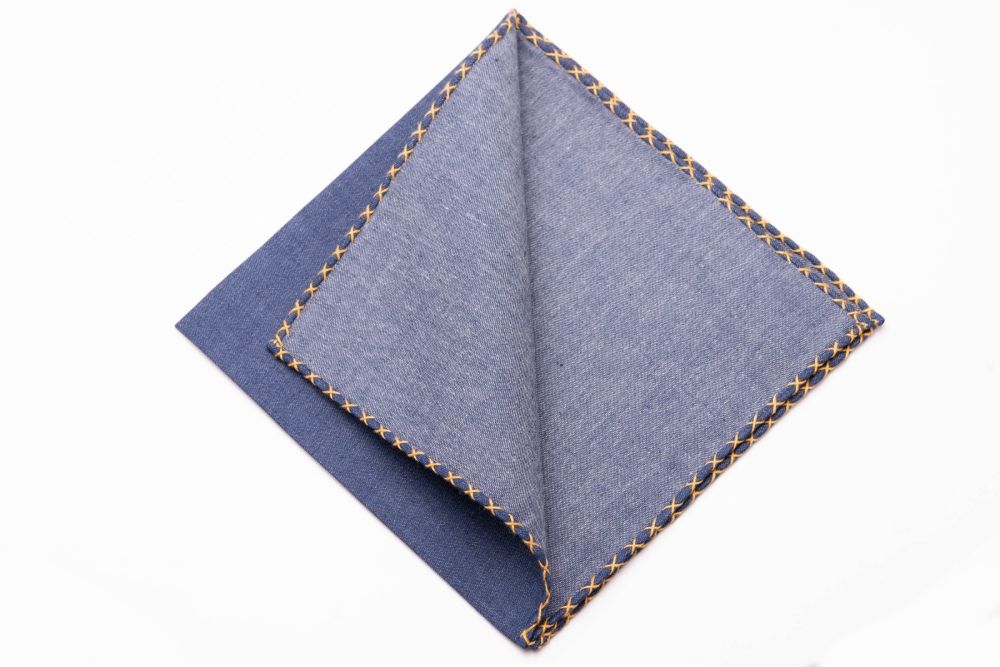 Soft-washed Dark Denim Jeans Blue Pocket Square with sunflower yellow handrolled X-stitch edges - Fort Belvedere