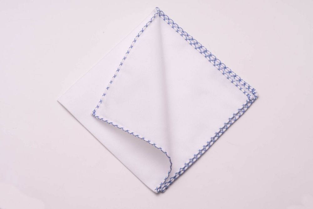 Soft White Cotton Flannel Pocket Square with handrolled Periwinkle Blue X-stitch edges - Fort Belvedere