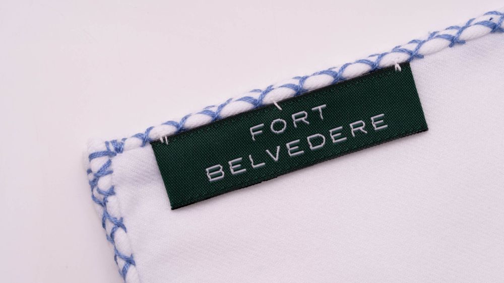 Soft White Cotton Flannel Pocket Square with handrolled Periwinkle Blue X-stitch edges - Fort Belvedere