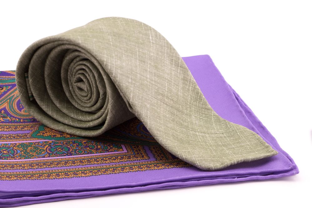 Olive green linen wool Spring Summer 3 Fold Tie with  light purple paisley pocket square - Handmade by Fort Belvedere