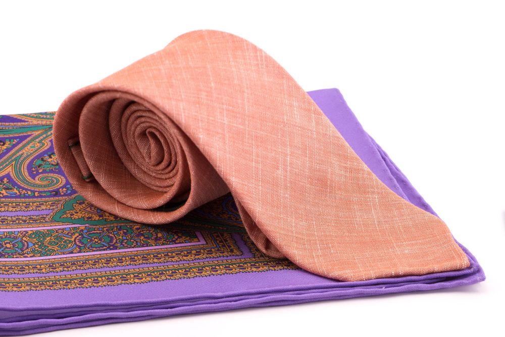 Orange linen wool Spring Summer 3 Fold Tie with  light purple paisley pocket square - Handmade by Fort Belvedere