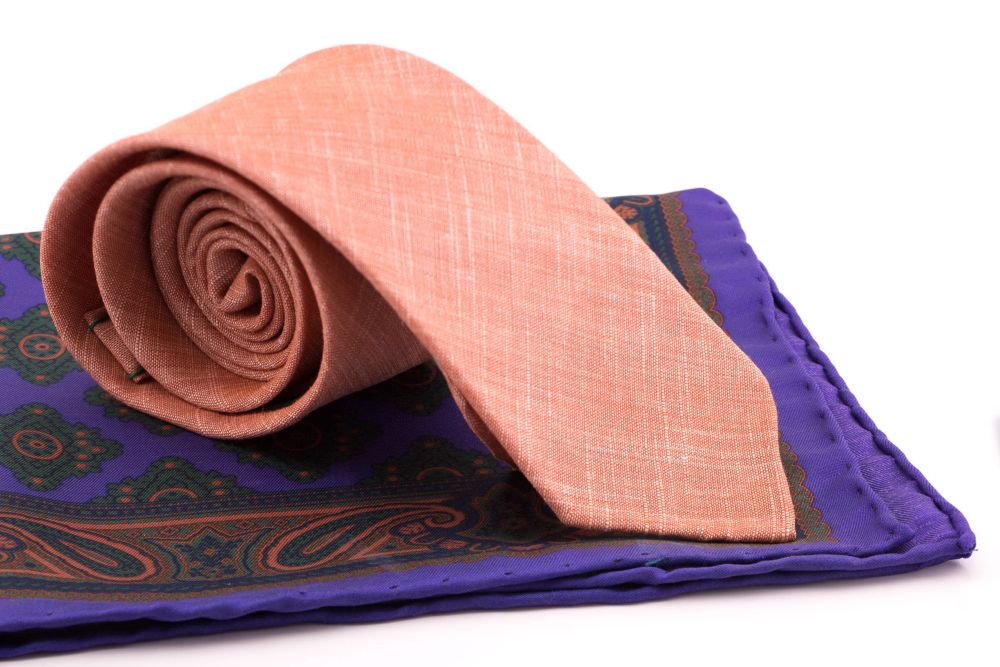 Orange linen wool Spring Summer 3 Fold Tie on real ancient madder silk pocket square - Handmade by Fort Belvedere
