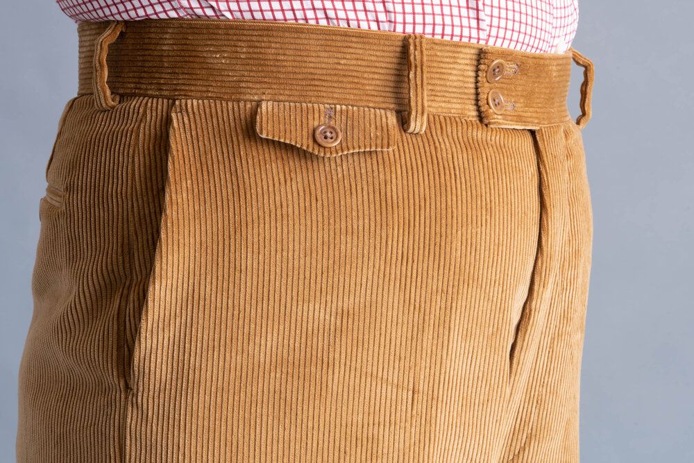 Details of the flapped ticket pocket on Camel Corduroy Trousers by Fort Belvedere - Model Stancliffe with Flat-Front, True High-Waisted Full Cut