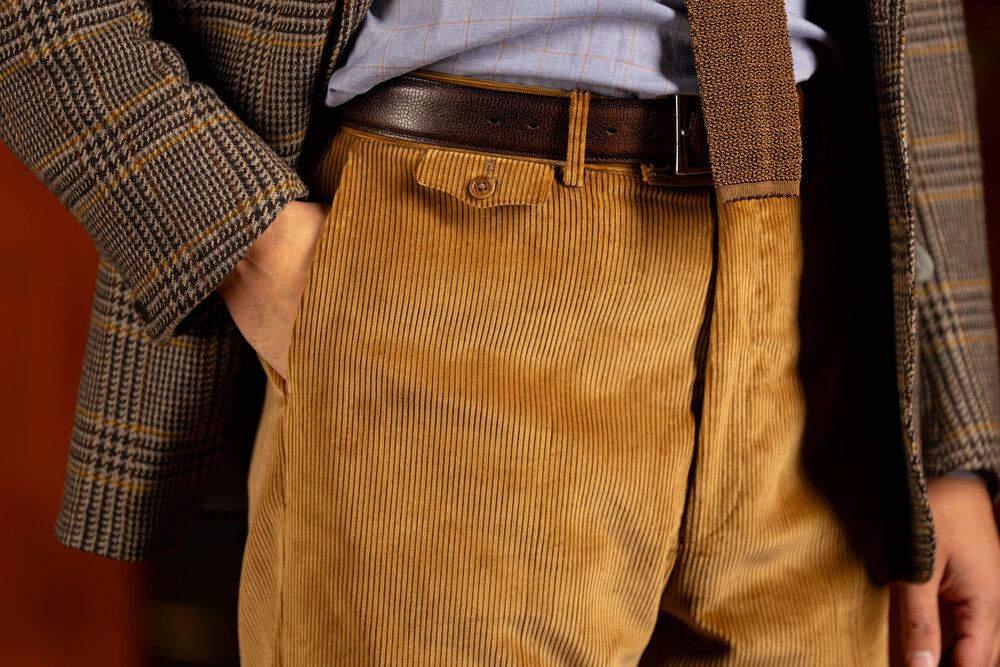 Front pocket view of the Camel Corduroy trousers. 