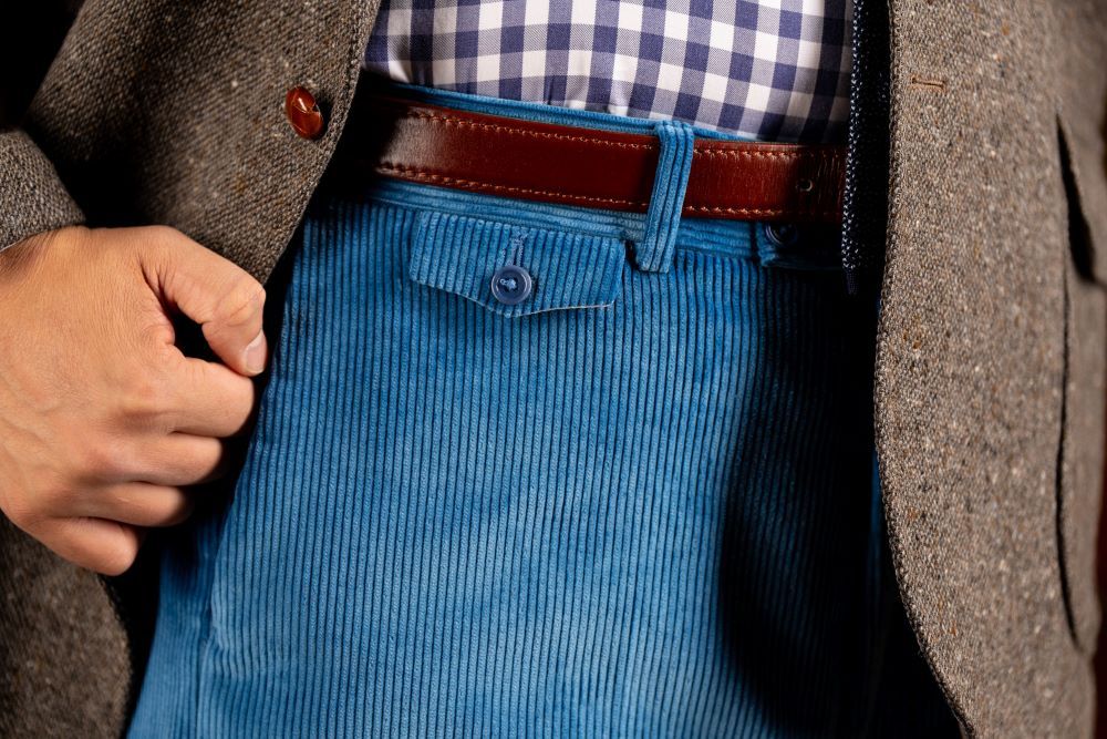 Stancliffe Corduroy Flat Front Trouser in Azure Blue and Chestnut Brown Belt