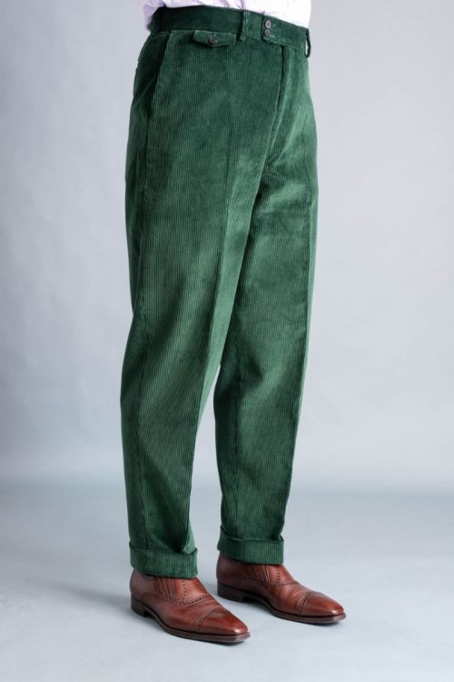 Stancliffe Corduroy Flat Front Trouser in British Racing Green - Front
