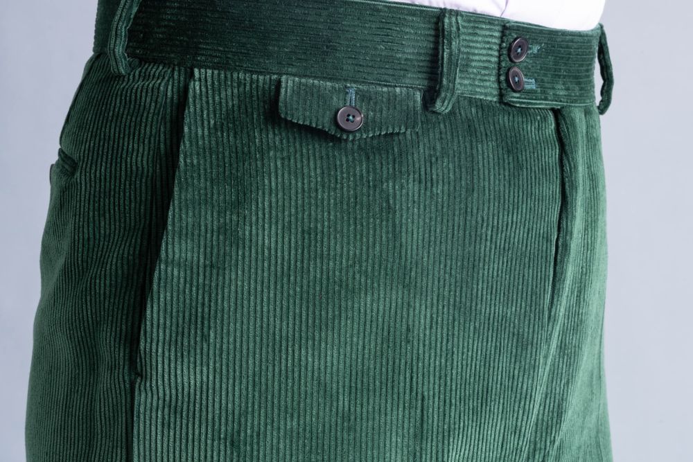 Showing the French Bearer, Hook closure and long zip fly on true high rise Stancliffe pants