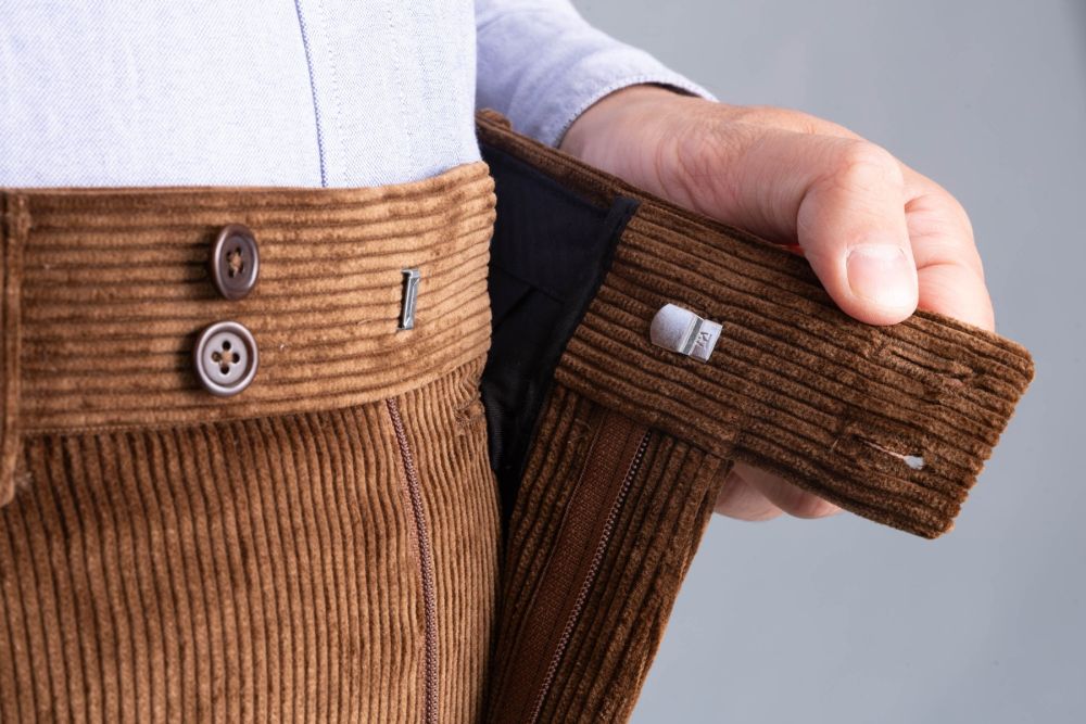 French Bearer, Hook, and zipper on Fort Belveder Stancliffe Corduroy Trousers