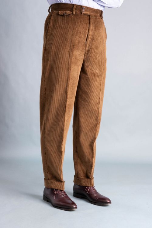 Sideview Stancliffe Corduroy Flat Front Trouser in Cognac