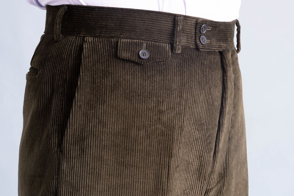Details of the flapped ticket pocket on Dark Olive Corduroy Trousers by Fort Belvedere - Model Stancliffe with Flat-Front, True High-Waisted Full Cut