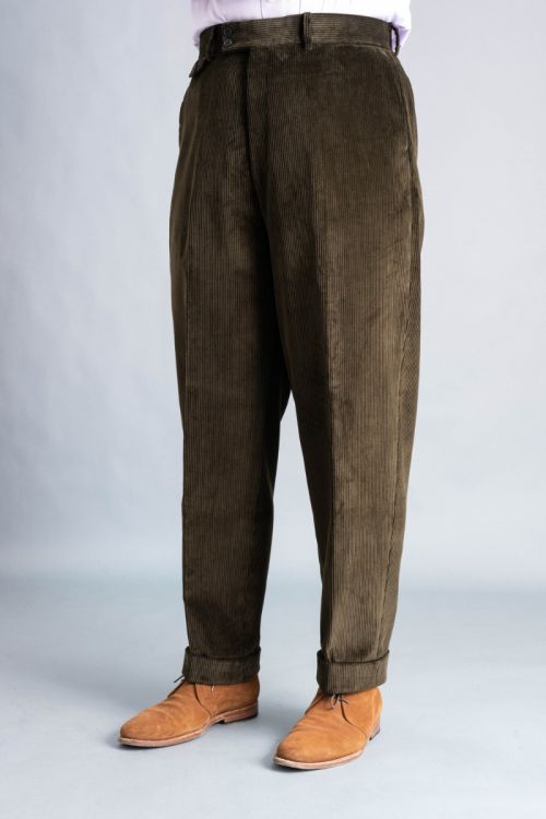 Right side front view of the Dark Olive Corduroy Trousers