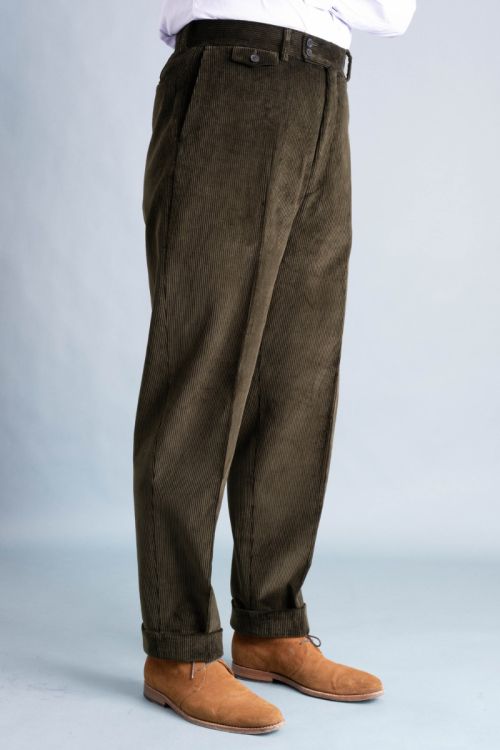 Left side angle view of the Dark Olive Corduroy Trousers