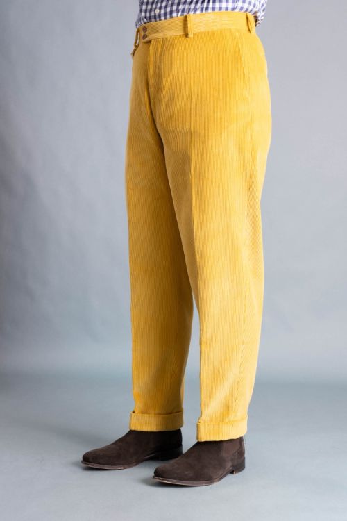 Right side front view of the Goldenrod Corduroy Trousers