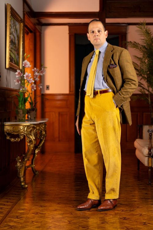Raphael sporting the Goldenrod Yellow corduroy trousers. 