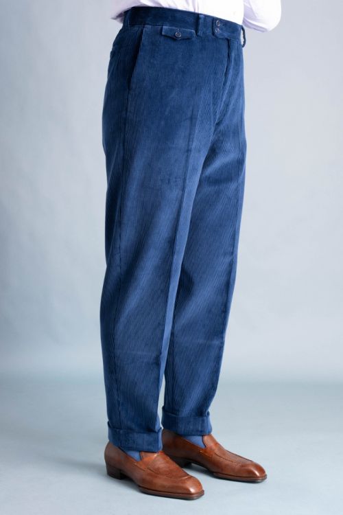 Left side angle view of the Infantry Blue Corduroy Trousers