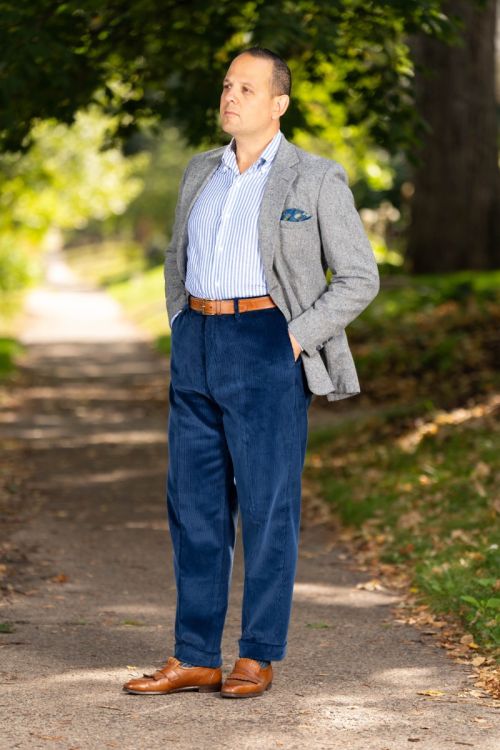 Raphael wearing the Infantry Blue corduroy trousers. 