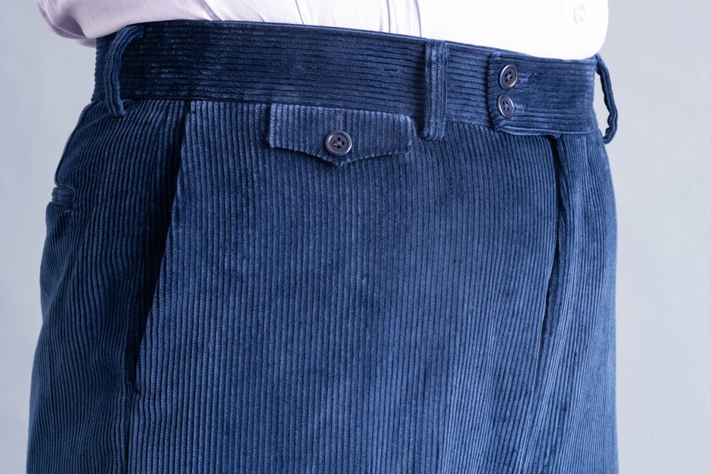 Details of the flapped ticket pocket on Infantry Blue Corduroy Trousers by Fort Belvedere - Model Stancliffe with Flat-Front, True High-Waisted Full Cut