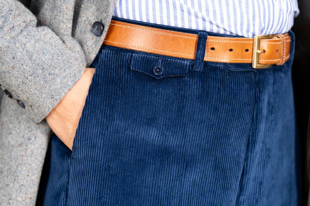 Front pocket view of the Infantry Blue Corduroy trousers. 