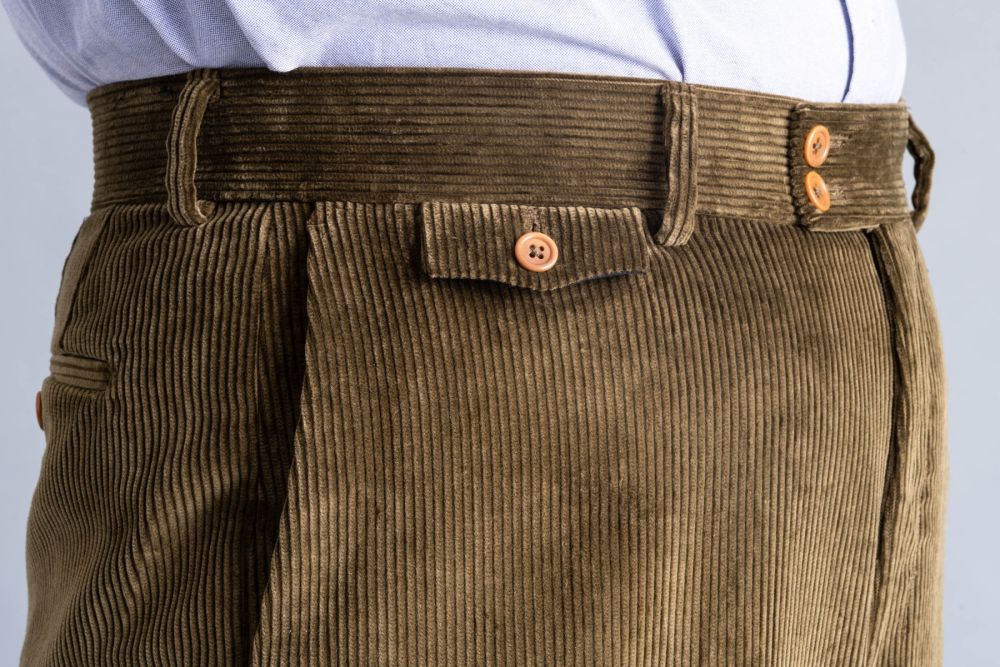 Details of the flapped ticket pocket on Khaki Drab Corduroy Trousers by Fort Belvedere - Model Stancliffe with Flat-Front, True High-Waisted Full Cut