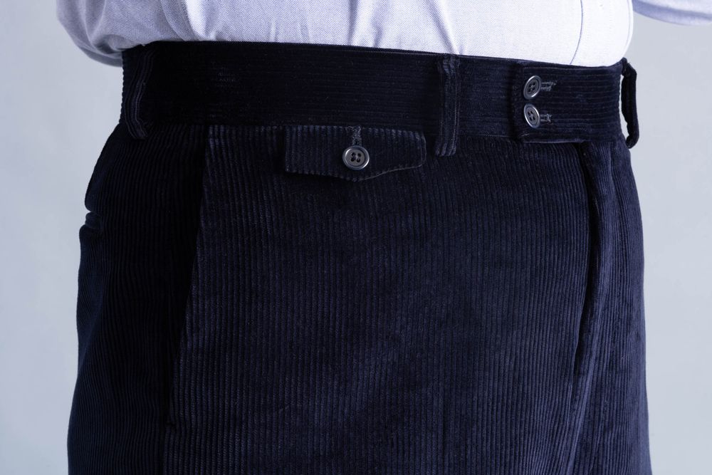 Details of the flapped ticket pocket on Midnight Blue Corduroy Trousers  - Model Stancliffe with Flat-Front, True High-Waisted Full Cut