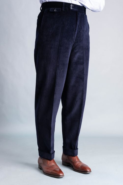Left side angle view of the Midnight Blue Corduroy Trousers