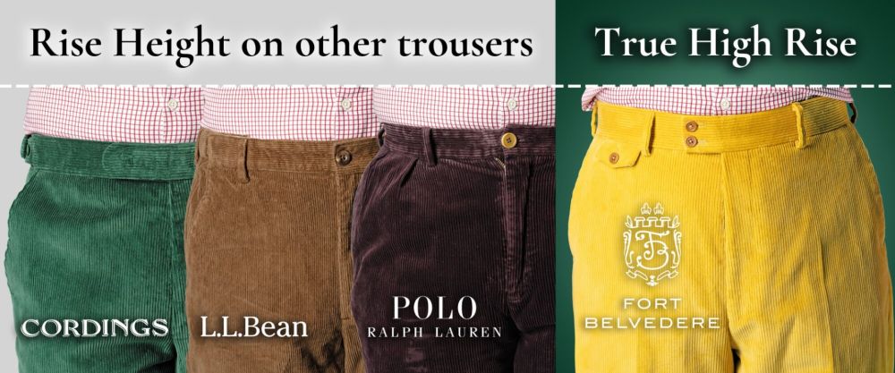 Comparison of the rise height of corduroy trousers by Cordings, L.L. Bean, Polo Ralph Lauren and Fort Belvedere with Fort Belvedere featuring the highest rise