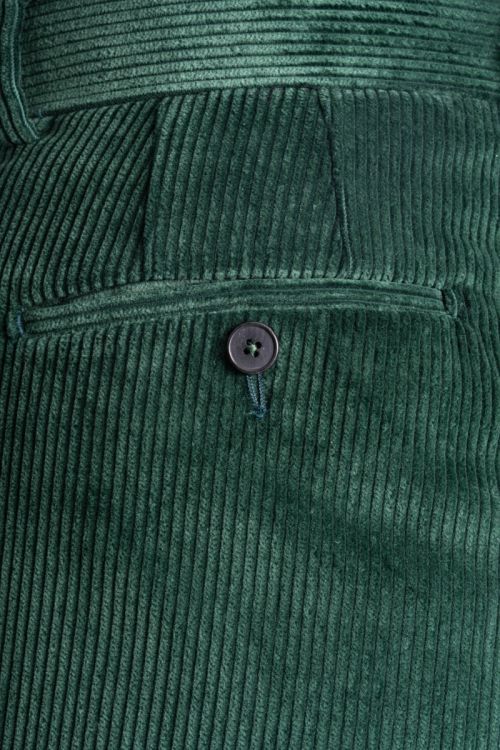 Back pocket darts and Horn button on a jetted pocket of the Stancliffe Corduroy trousers in British Racing Green which is similar ot a bottle green by Fort Belvedere