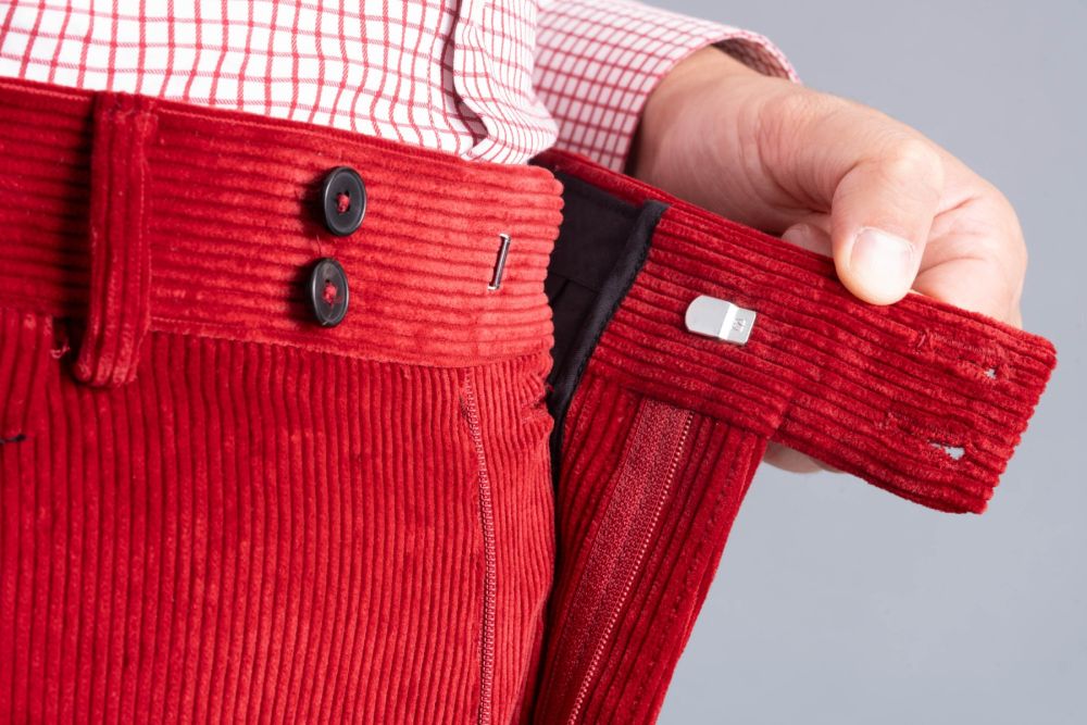 Stancliffe in Garnet Red Zip-Fly, and two-button waistband. 