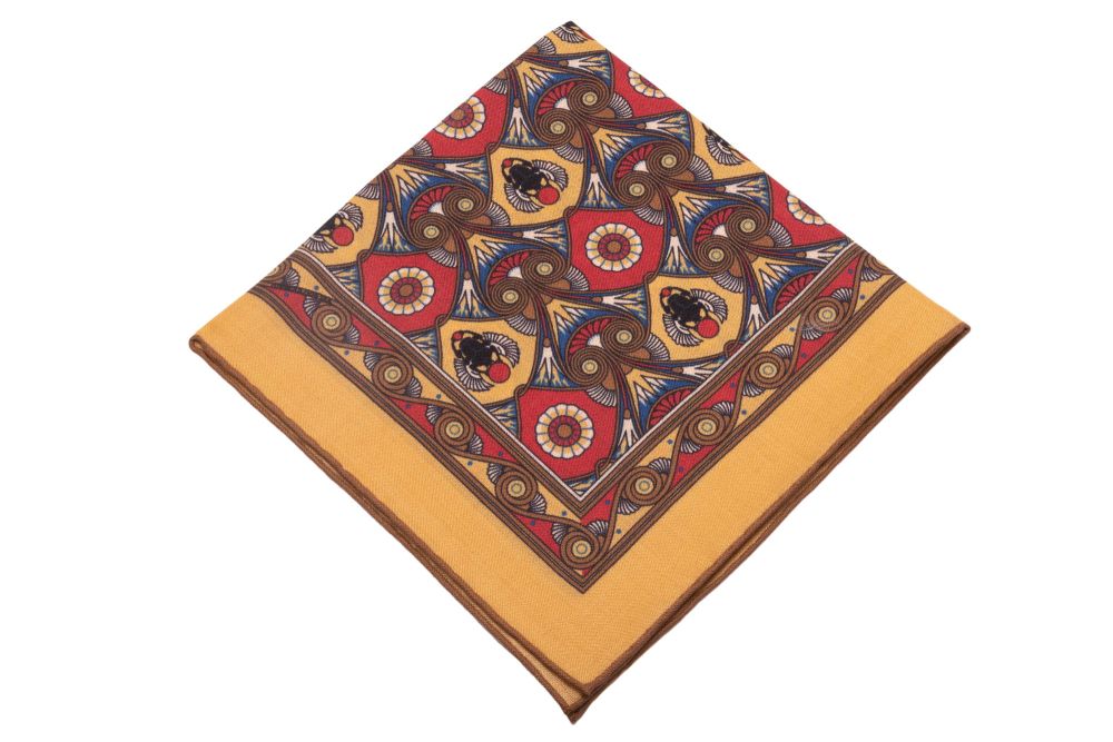 Straw Yellow Pocket Square Art Deco Egyptian Scarab pattern in antique brass, blue, black, cardinal red with brown contrast edge by Fort Belvedere