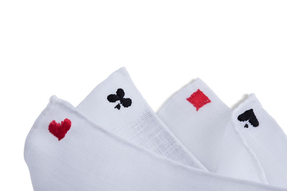 4 Suits Poker Pocket Square with Embroidered Hearts, Spaces, Clubs Spades - Fort Belvedere