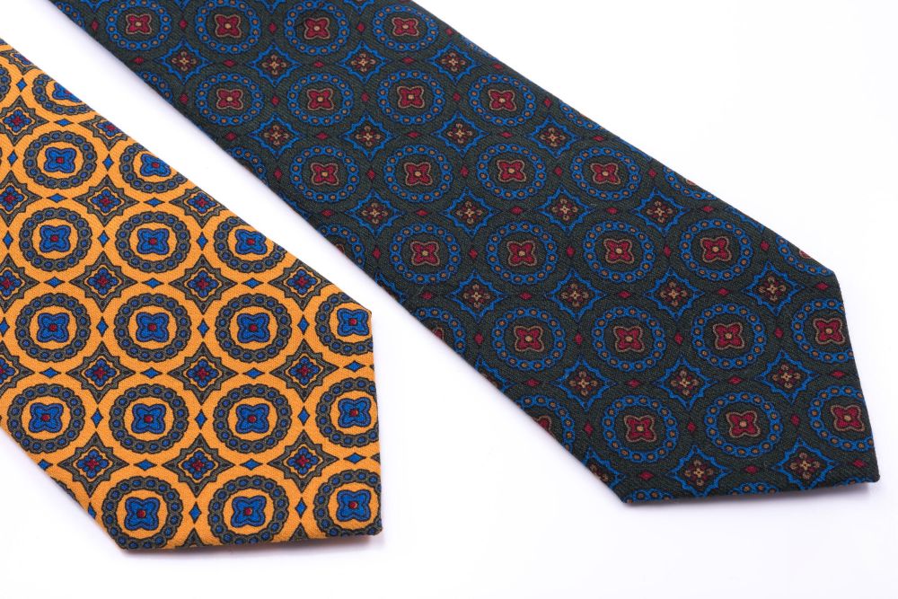Wool Challis Tie in Dark Green with Blue, Yellow & Orange Pattern ...