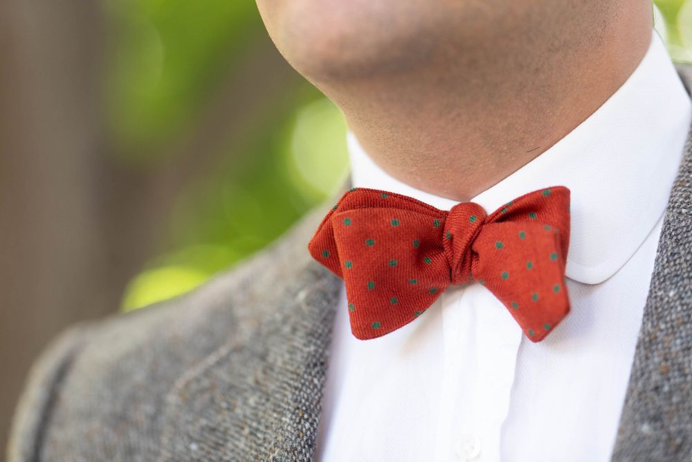 Wool Challis Bow Tie in Orange with Green Polka Dots and Pointed Ends - Fort Belvedere