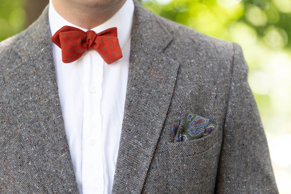 Wool Challis Bow Tie in Orange with Green Polka Dots and Pointed Ends - Fort Belvedere