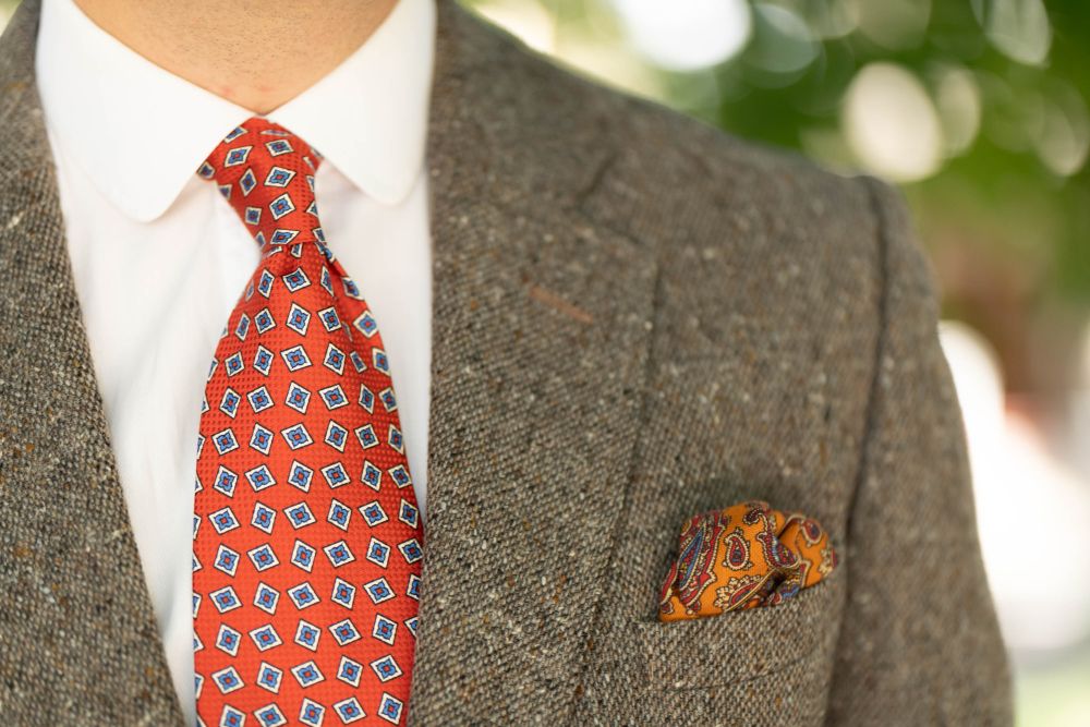 Orange Red Jacquard Woven Tie with Printed Diamonds in Blue and White - Fort Belvedere