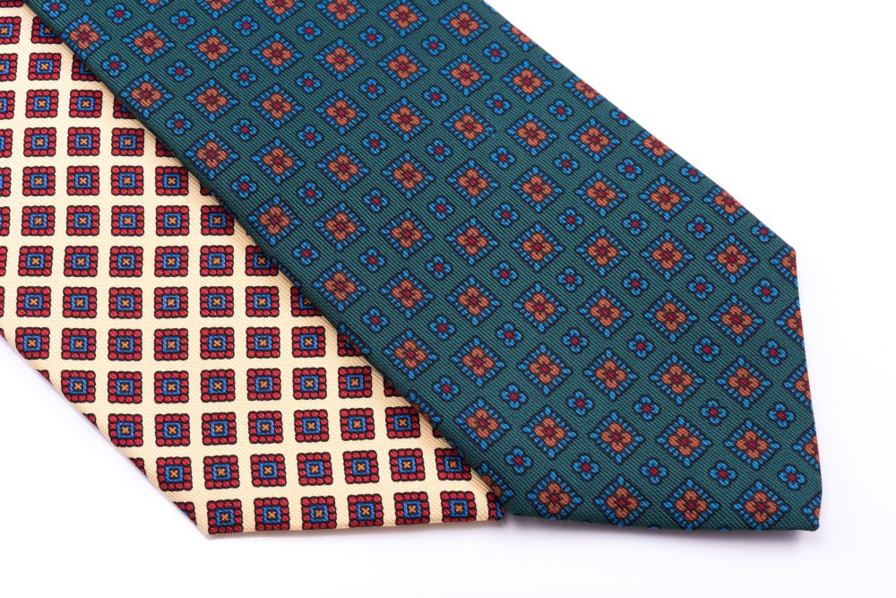 Madder Print Silk Tie in Yellow and Green with Diamond Pattern - Handmade by Fort Belvedere