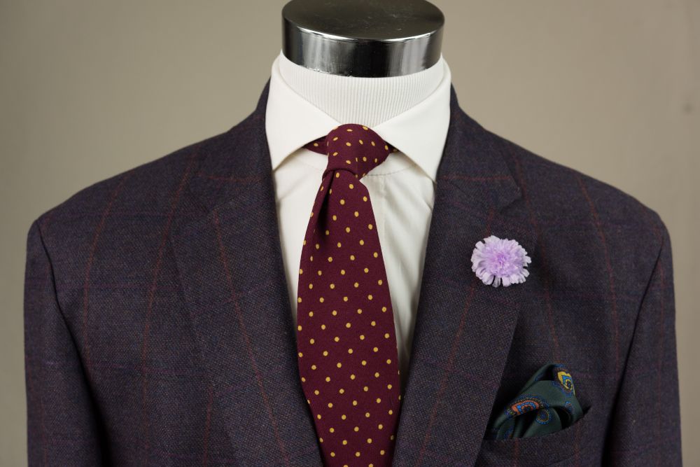 Handmade English Wool Challis Tie in Burgundy with Yellow Polka Dots Fort Belvedere with Boutonniere and green silk pocket square