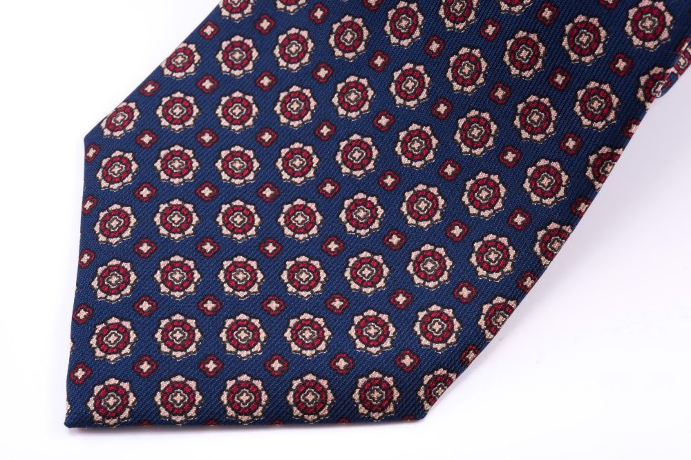 Tip of Madder Print Silk Tie in Blue with Red and Buff Pattern Fort Belvedere