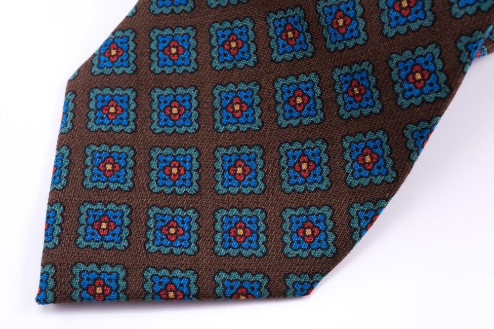 Tip Wool Challis Tie in Brown with Green, Blue, Orange, Yellow Pattern - Fort Belvedere