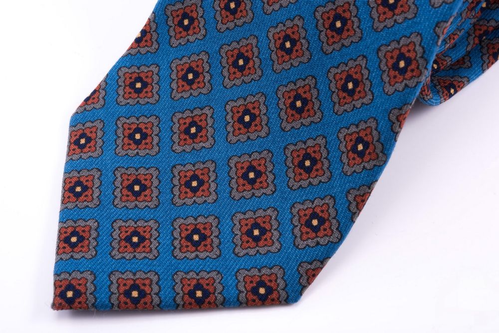 Tip Wool Challis Tie in Turquoise with Gray, Orange, Navy & Yellow Pattern - Fort Belvedere