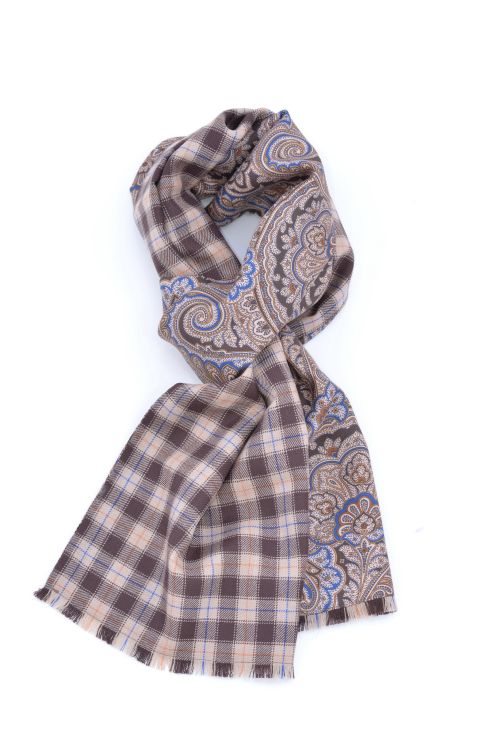 Brown Blue Paisley Double SidedScarf Silk Wool Fort Belvedere