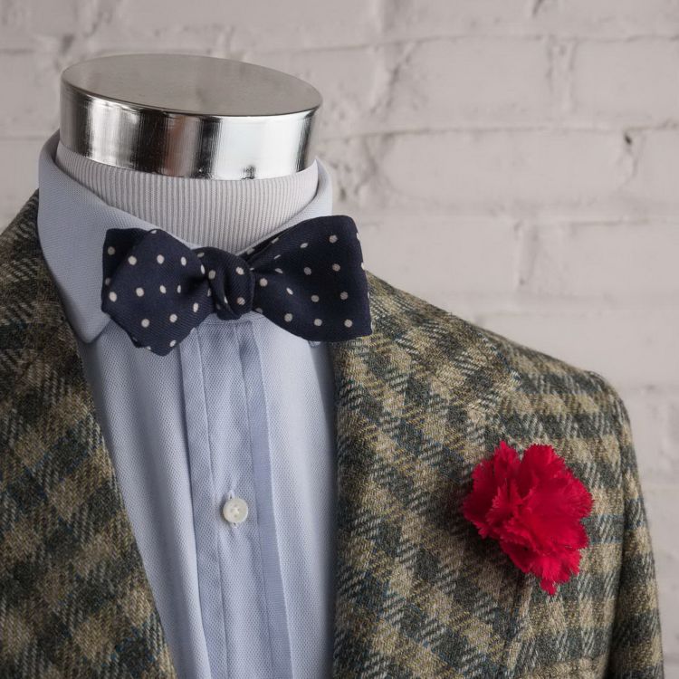 Tweed Sport Coat with Dark Red Carnation Boutonniere with Wool Challis Polka Dot Paisley Bow Tie with Pointed Ends by Fort Belvedere